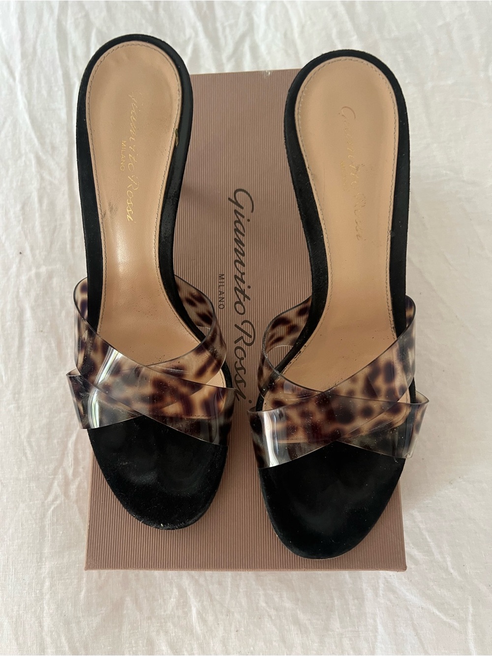 Gianvito Rossi Black Suede Mules with Tortoiseshell Clear Straps